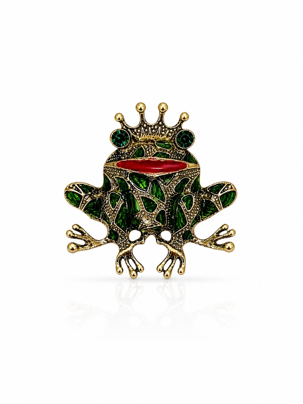 Crowned Frog Brooch with Green and Red Enamel